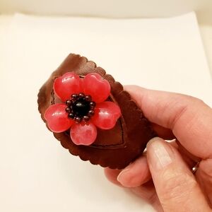 Brown Leather Bracelet with Pink Stone Flower Accent, Flexible Fit